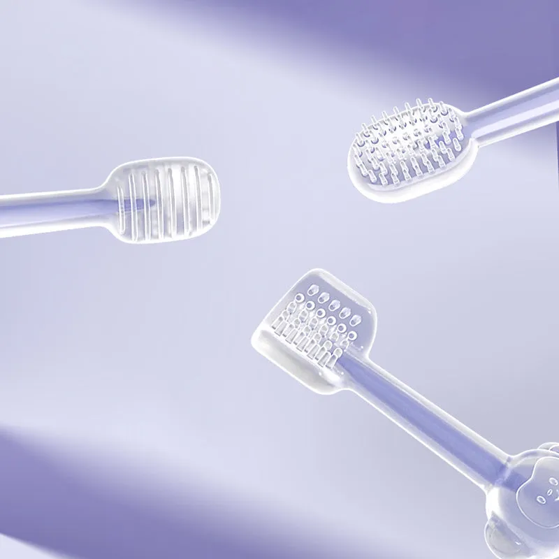 Blue, green, and purple pet toothbrushes with soft silicone bristle heads for dogs and cats.