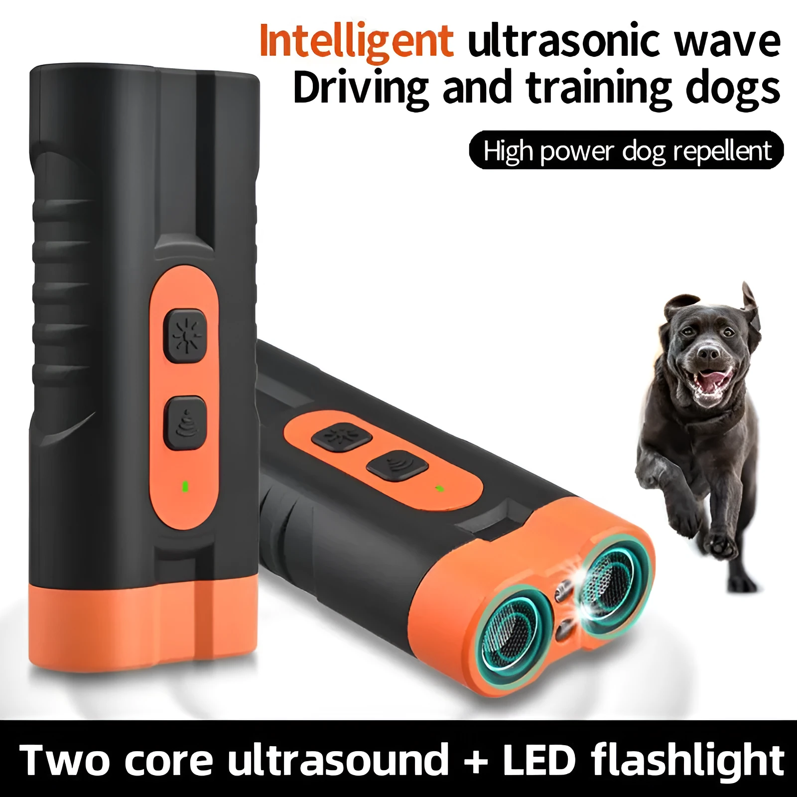 Dog Drives ultrasonic two-head dog repellent device in black plastic casing with compact dimensions