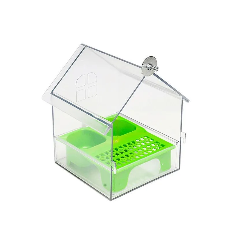 Transparent Peony Parrot Feeder Villa with green roof for outdoor garden bird feeding station