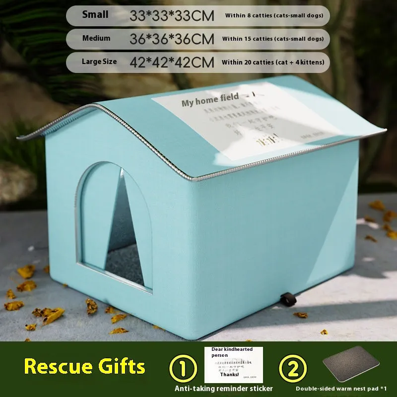 Blue winter warm waterproof cat nest tent for stray cats, medium size, with optional fixed bracket