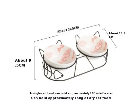 Ceramic double cat bowl set with fixed tilted stand, 26.5 x 12.5cm, 300ml bowls in white with gold cat ear stand