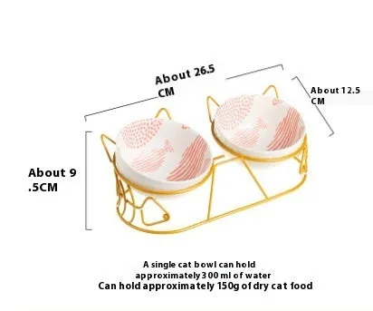 Ceramic double cat bowl set with fixed tilted stand, 26.5 x 12.5cm, 300ml bowls in white with gold cat ear stand