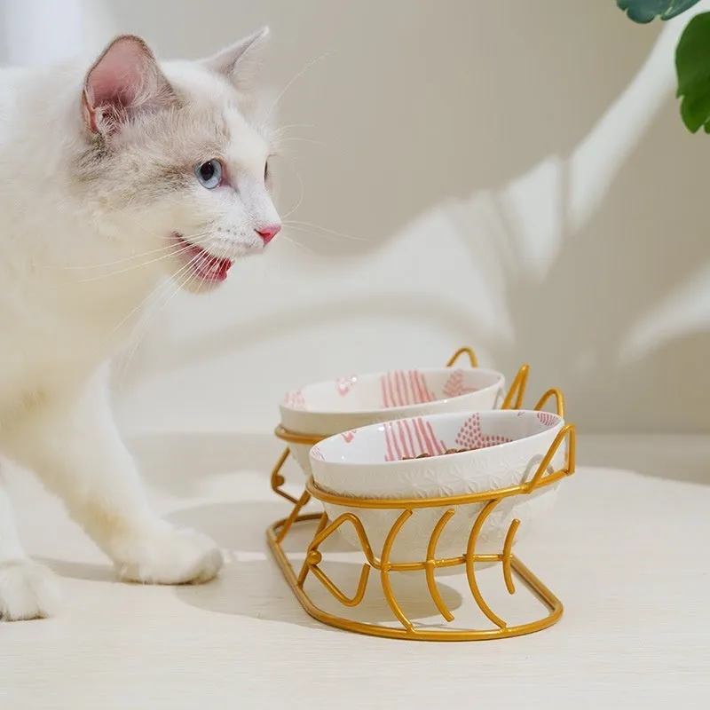 Ceramic double cat bowl set with fixed tilted stand, 26.5 x 12.5cm, 300ml bowls in white with gold cat ear stand