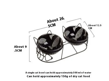 Ceramic double cat bowl set with fixed tilted stand, 26.5 x 12.5cm, 300ml bowls in white with gold cat ear stand