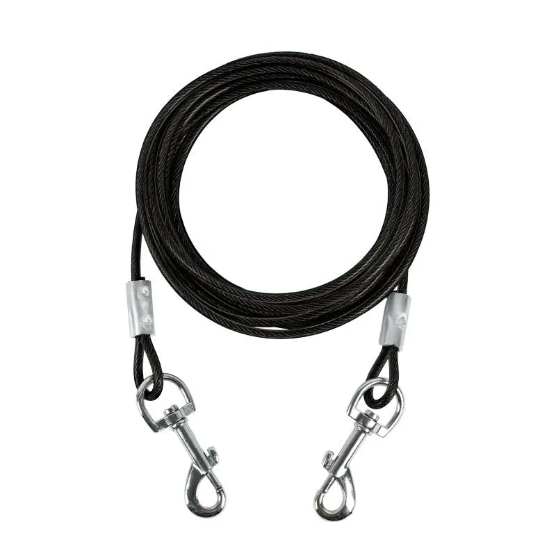 Double headed steel wire dog leash in blue with rope handle for walking two dogs