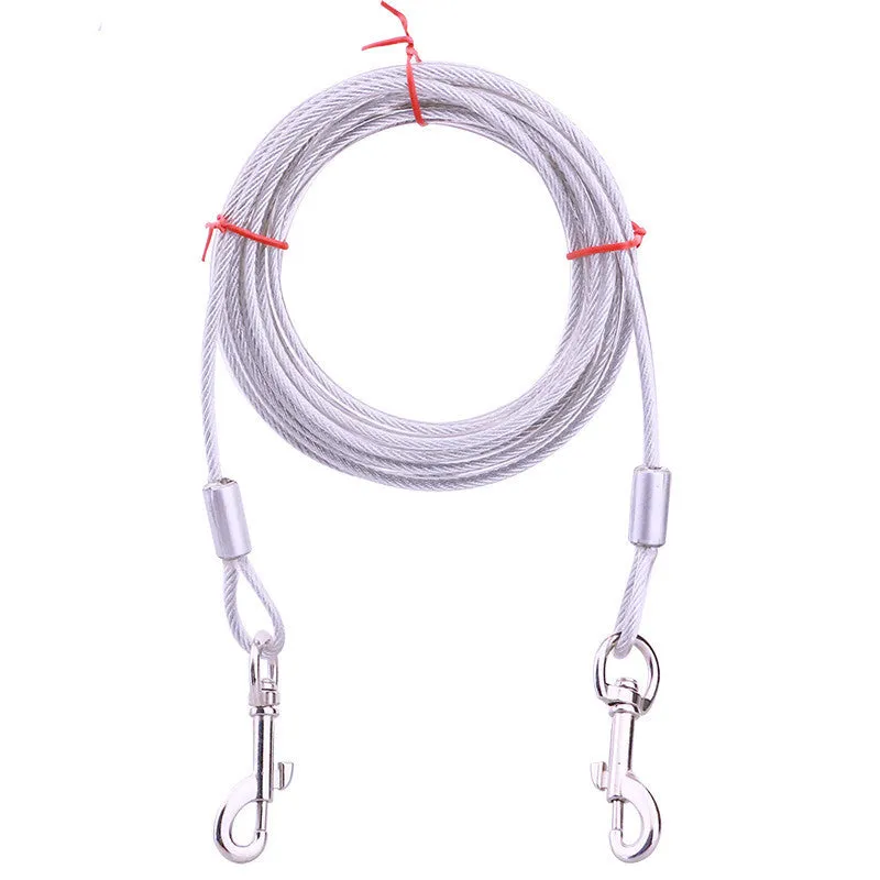 Double headed steel wire dog leash in blue with rope handle for walking two dogs