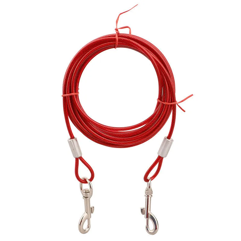 Double headed steel wire dog leash in blue with rope handle for walking two dogs