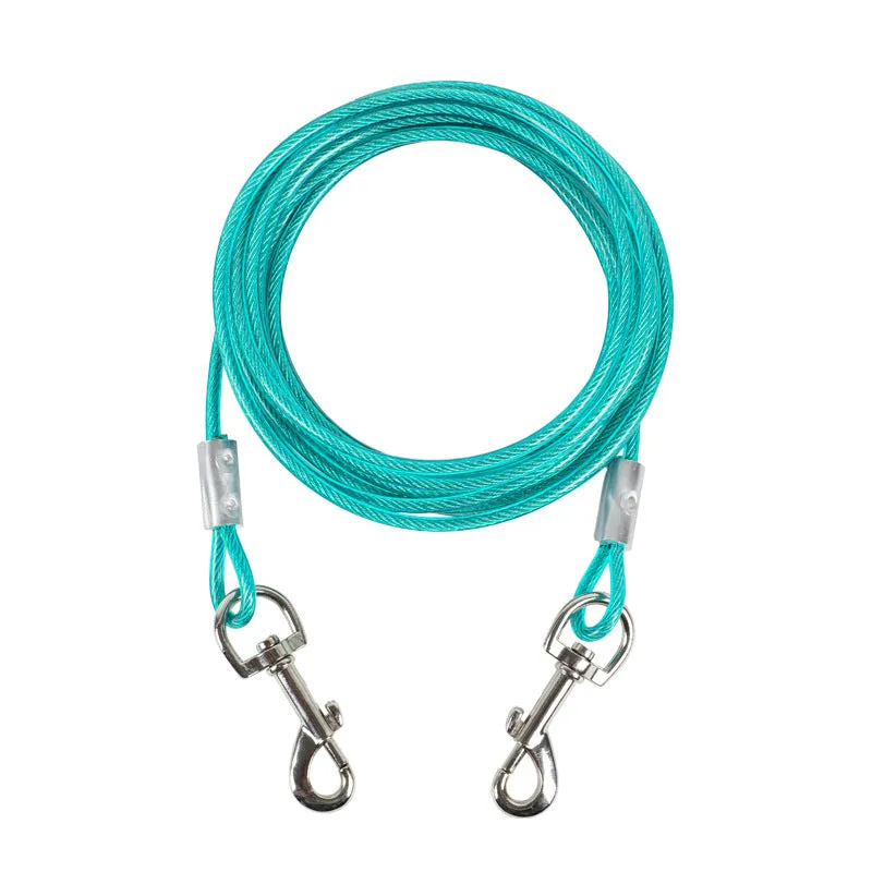Double headed steel wire dog leash in blue with rope handle for walking two dogs