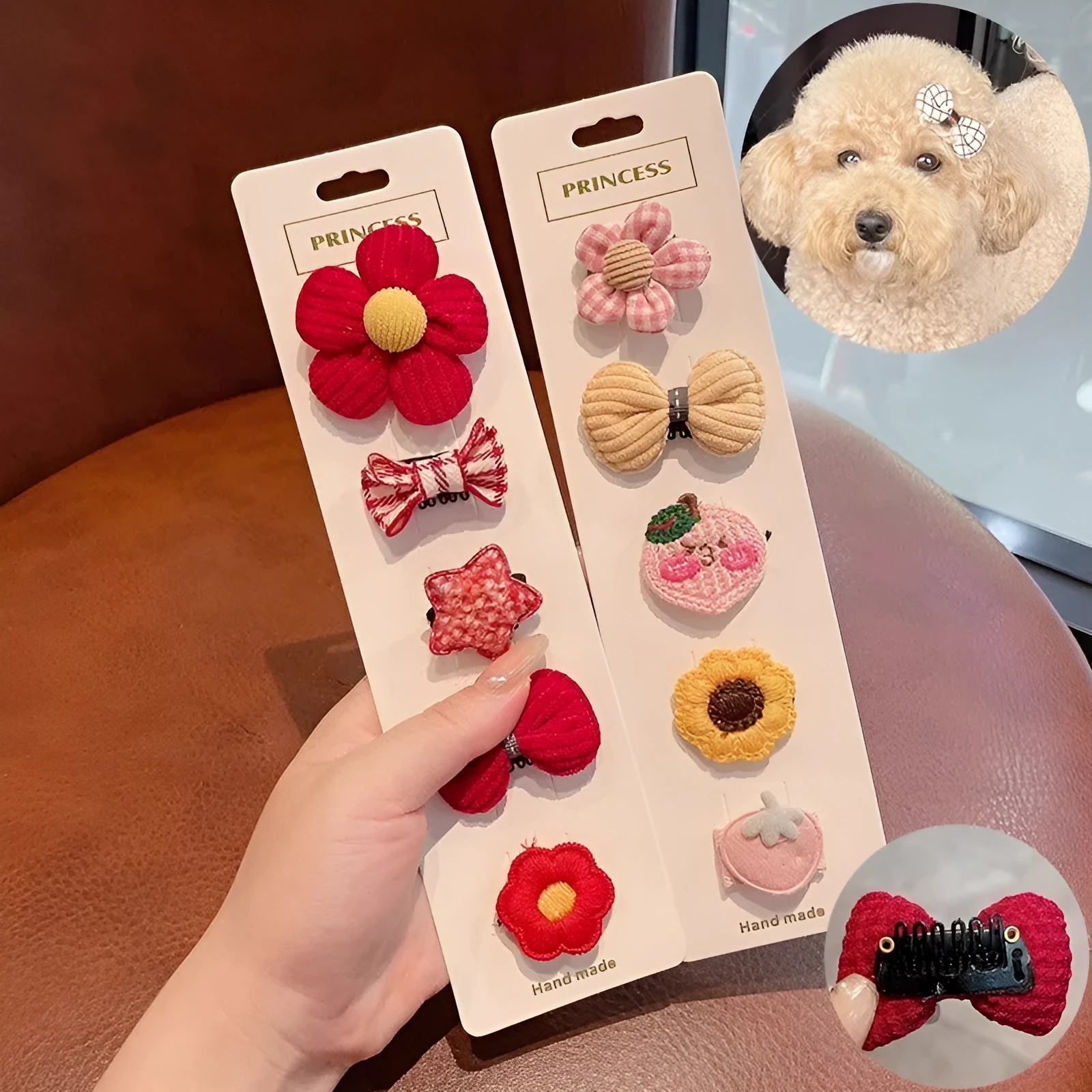 Red and pink plaid plastic cartoon mini dog hairpin sets on a light background