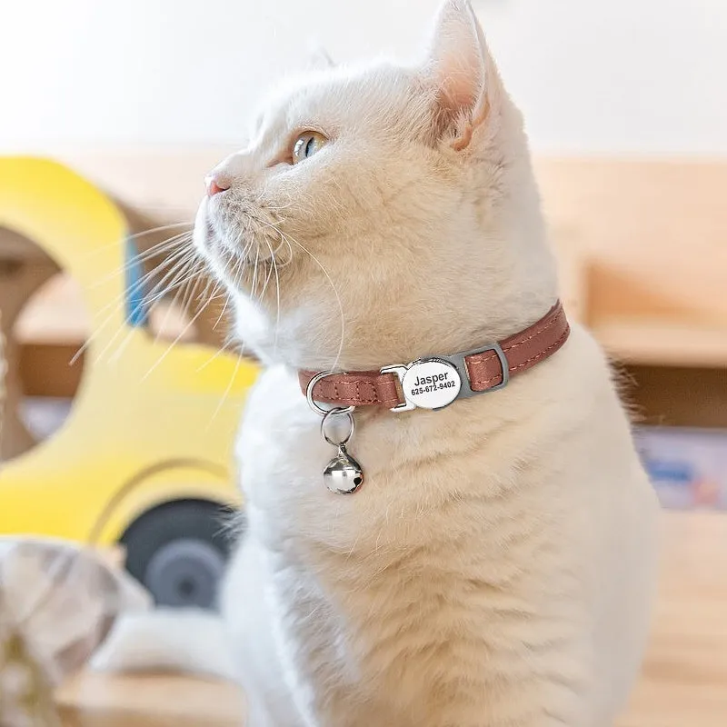 Engraved leather cat collar with alloy buckle in brown colour for small cats and dogs