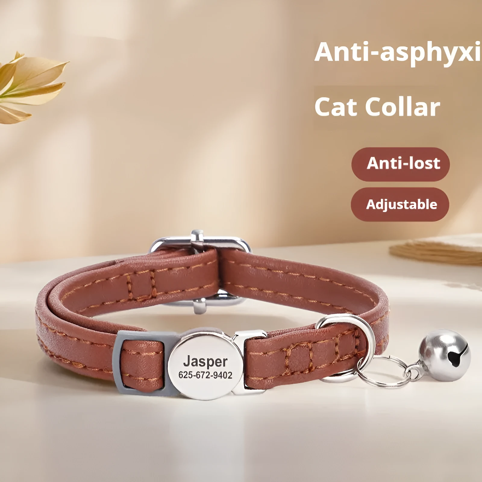 Engraved leather cat collar with alloy buckle in brown colour for small cats and dogs