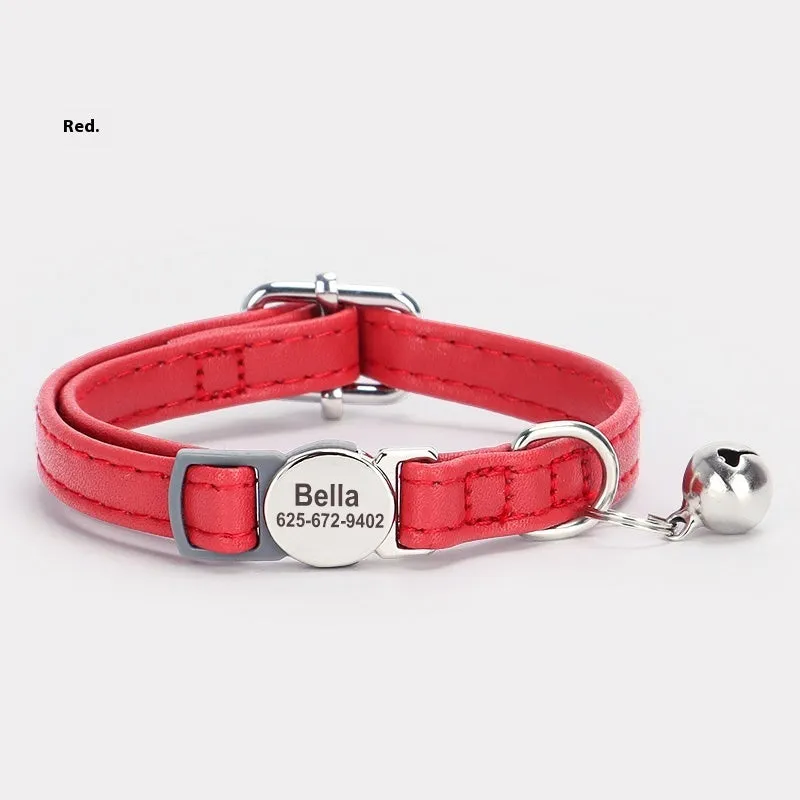 Engraved leather cat collar with alloy buckle in brown colour for small cats and dogs