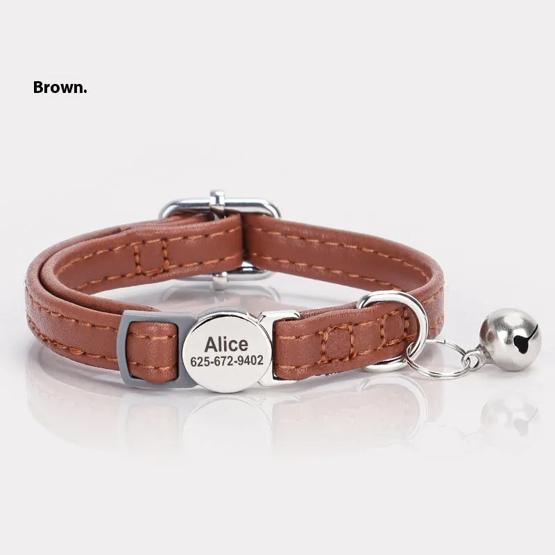 Engraved leather cat collar with alloy buckle in brown colour for small cats and dogs