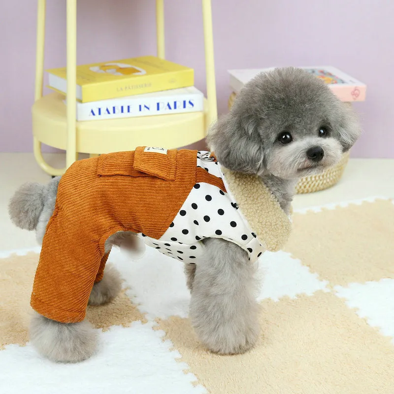 Four-legged cotton-padded dog coat in brown, with polyester outer fabric, laid flat on surface