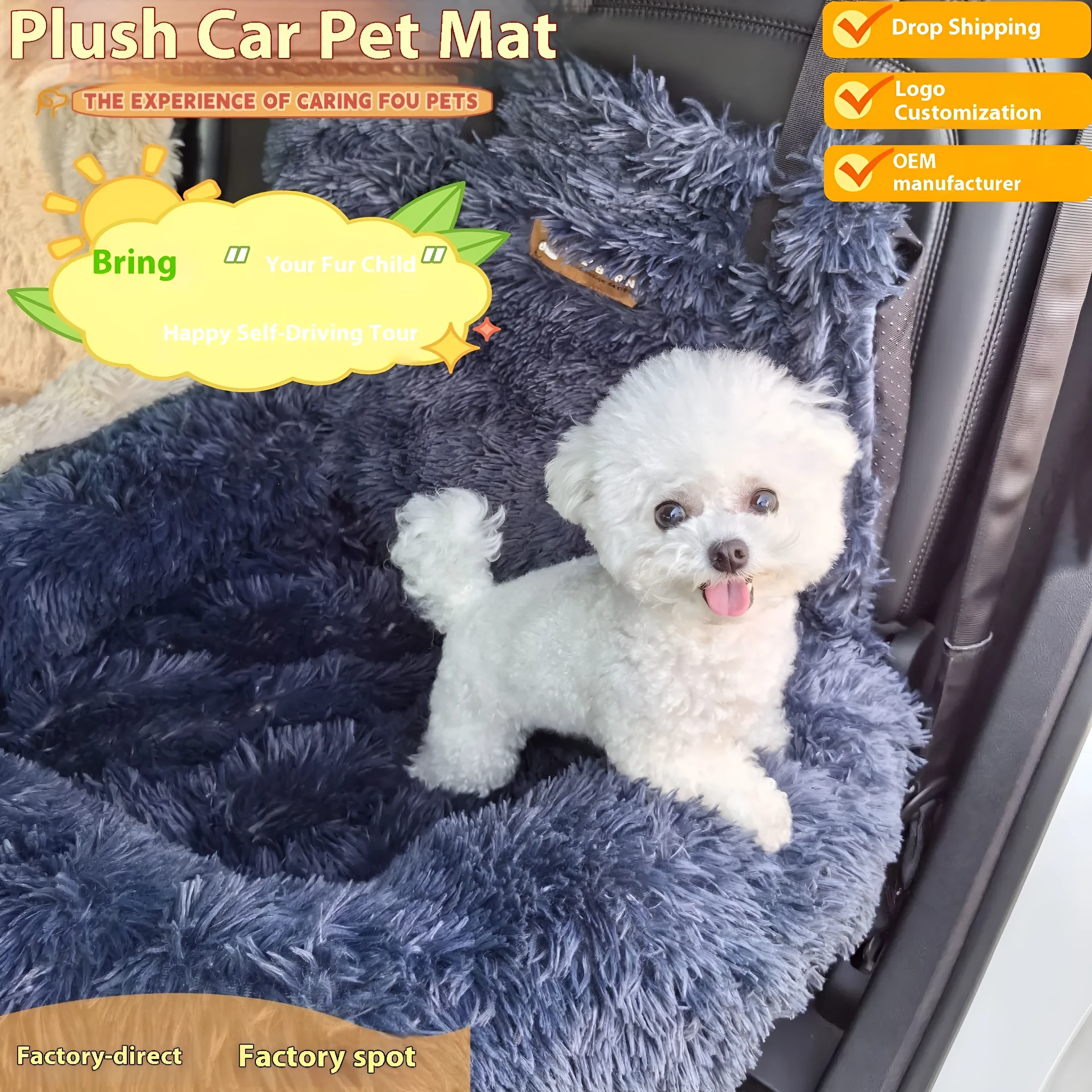 Thick dark grey thermal pet mat placed on a car's back seat, showing its size and removable cloth construction.