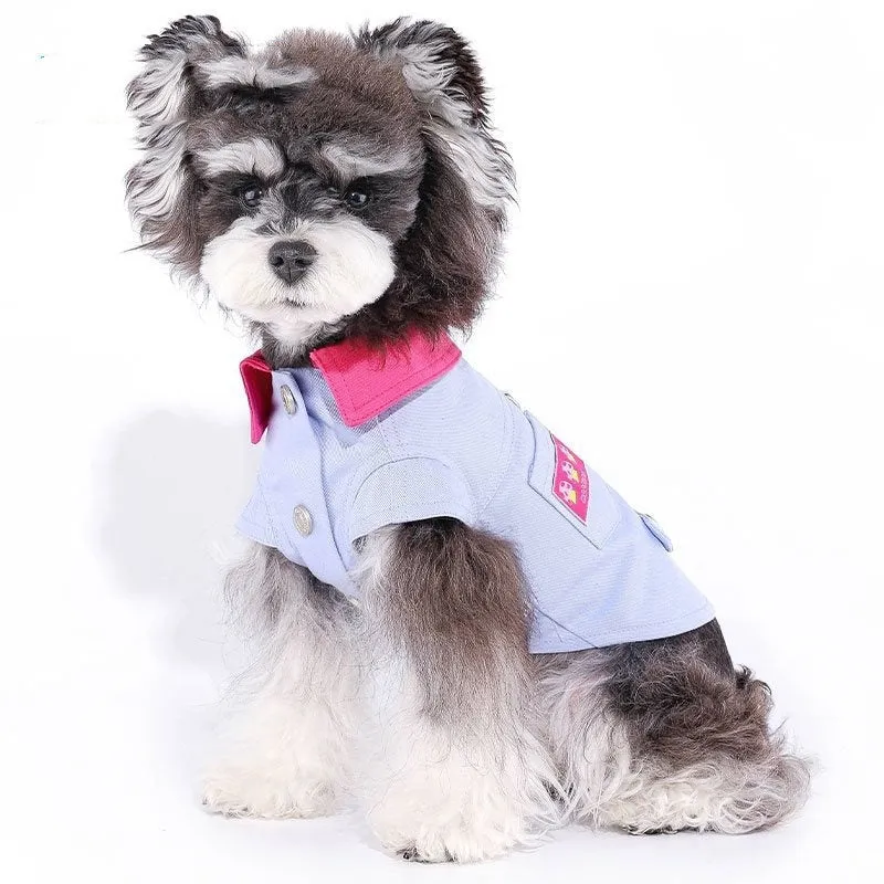 Blue and purple polyester dog vest with integrated traction rope ring for summer wear on small to medium dogs
