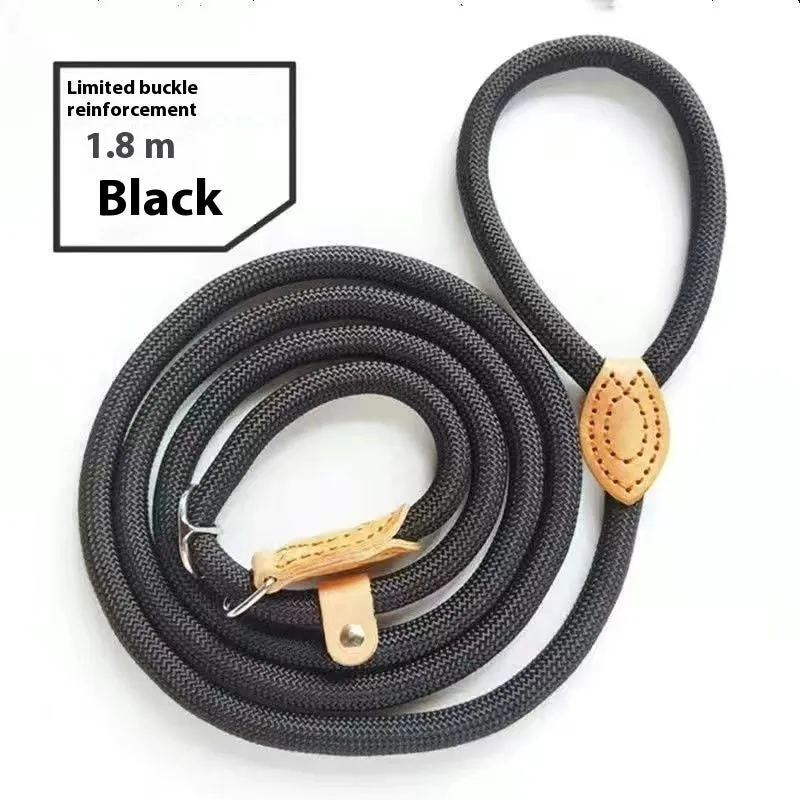 Nylon dog training rope in black, 1.5m length, 1.0cm thickness, on plain background