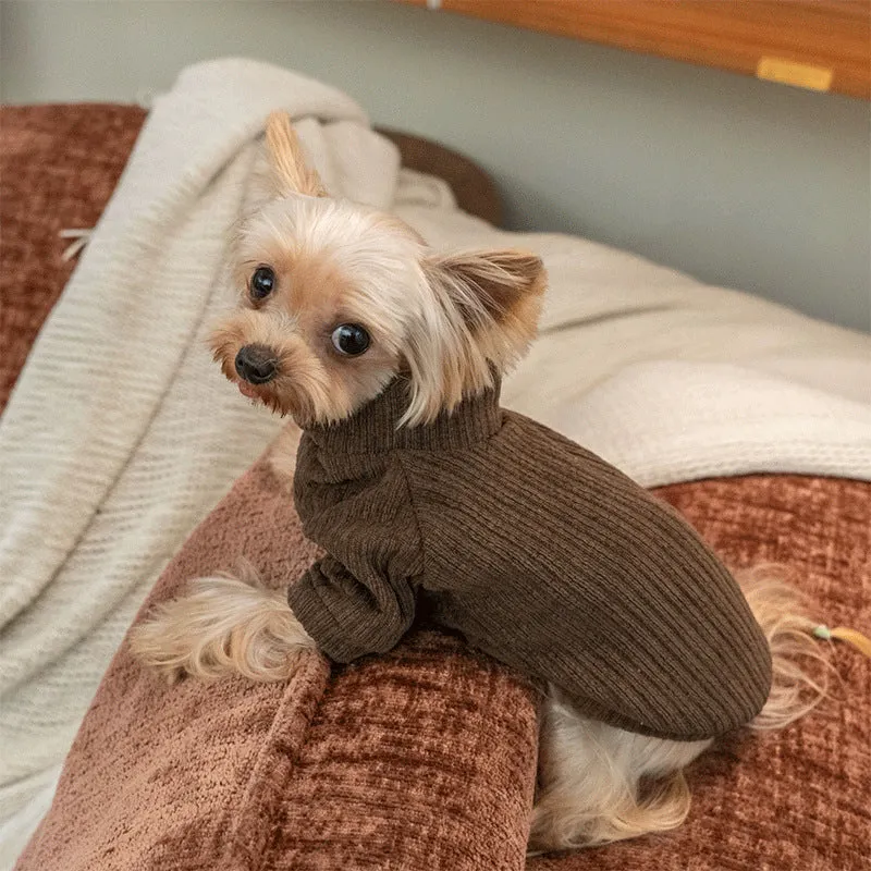 Brown elastic knit pet sweater for dogs, moisture-proof casual top on a small dog model