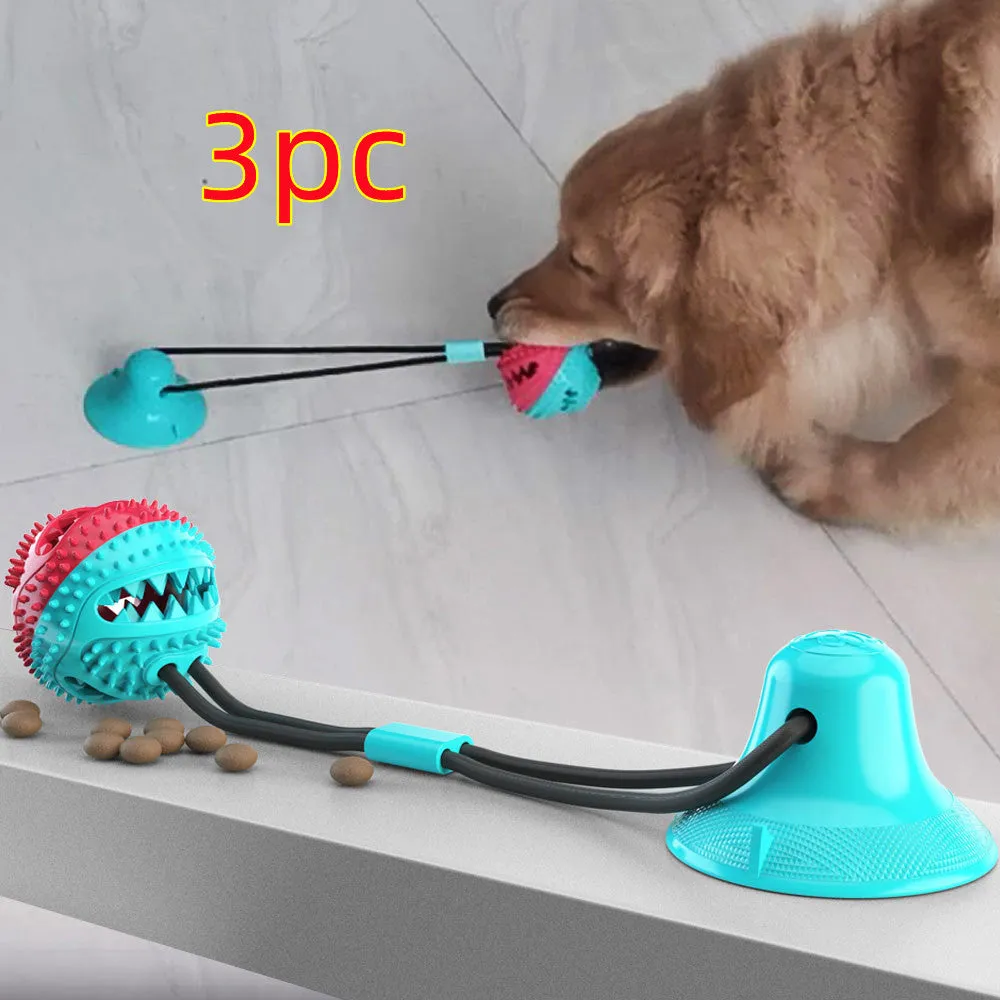 Dog sucker drawstring ball toy in TPR material blue and red white colours on white background