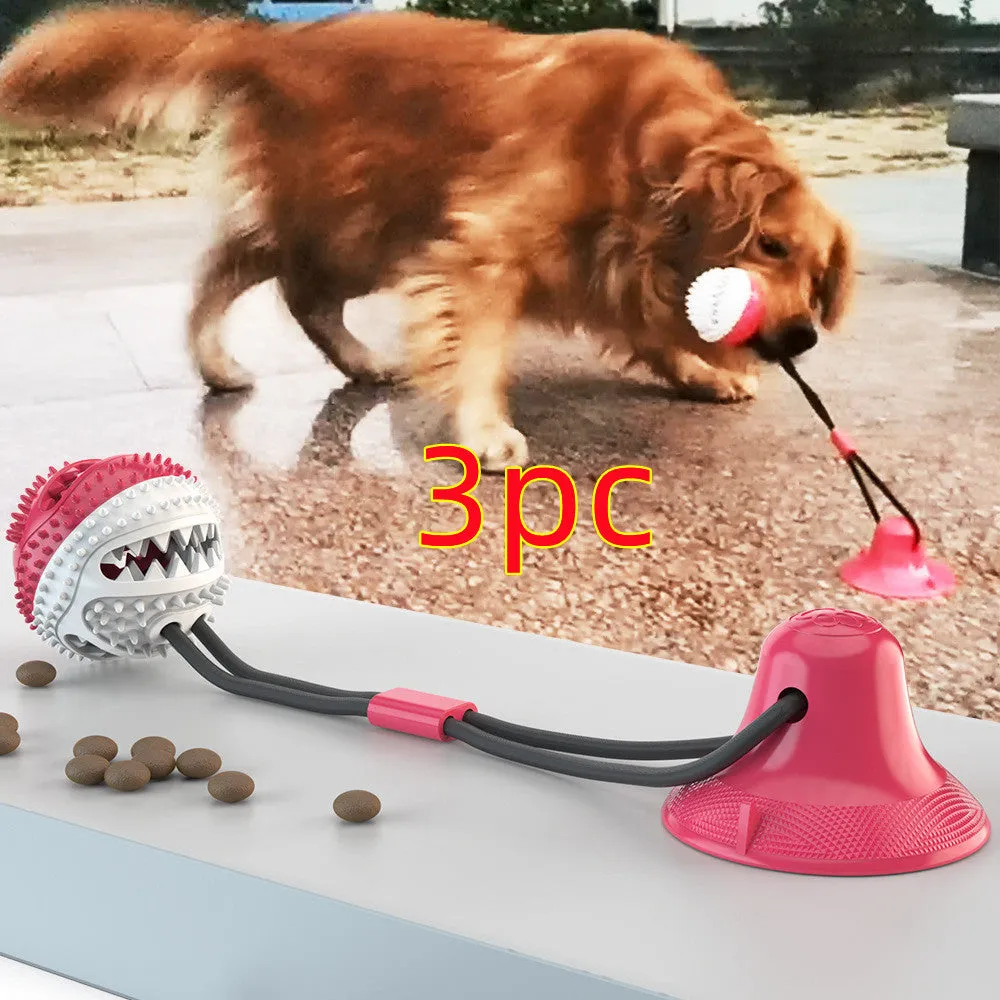 Dog sucker drawstring ball toy in TPR material blue and red white colours on white background