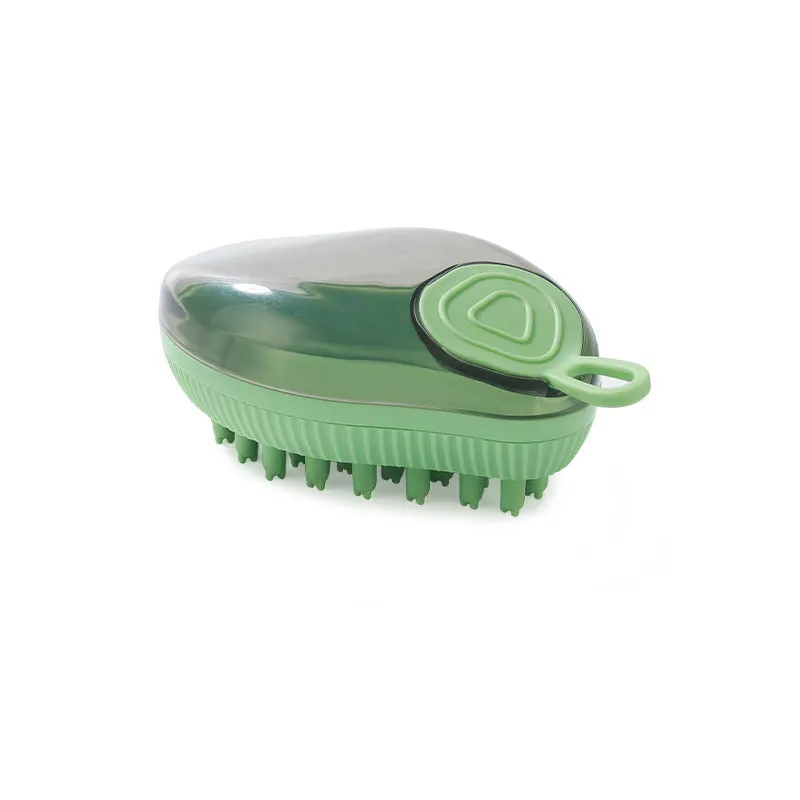 Styling pet silicone shower brush in dark green on a white background