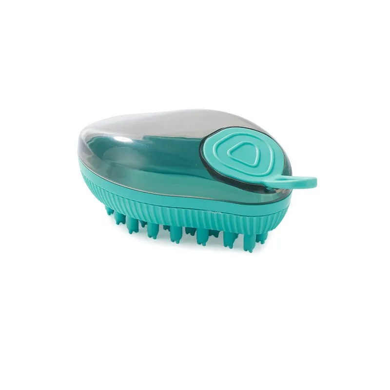 Styling pet silicone shower brush in dark green on a white background