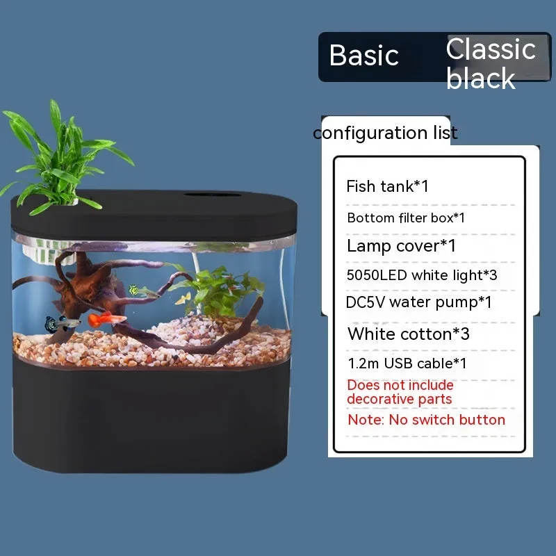 Desktop self-circulation mini aquarium with LED light and USB pump in black plastic