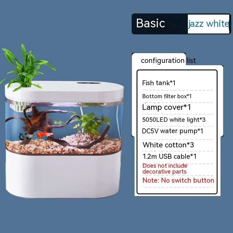 Desktop self-circulation mini aquarium with LED light and USB pump in black plastic