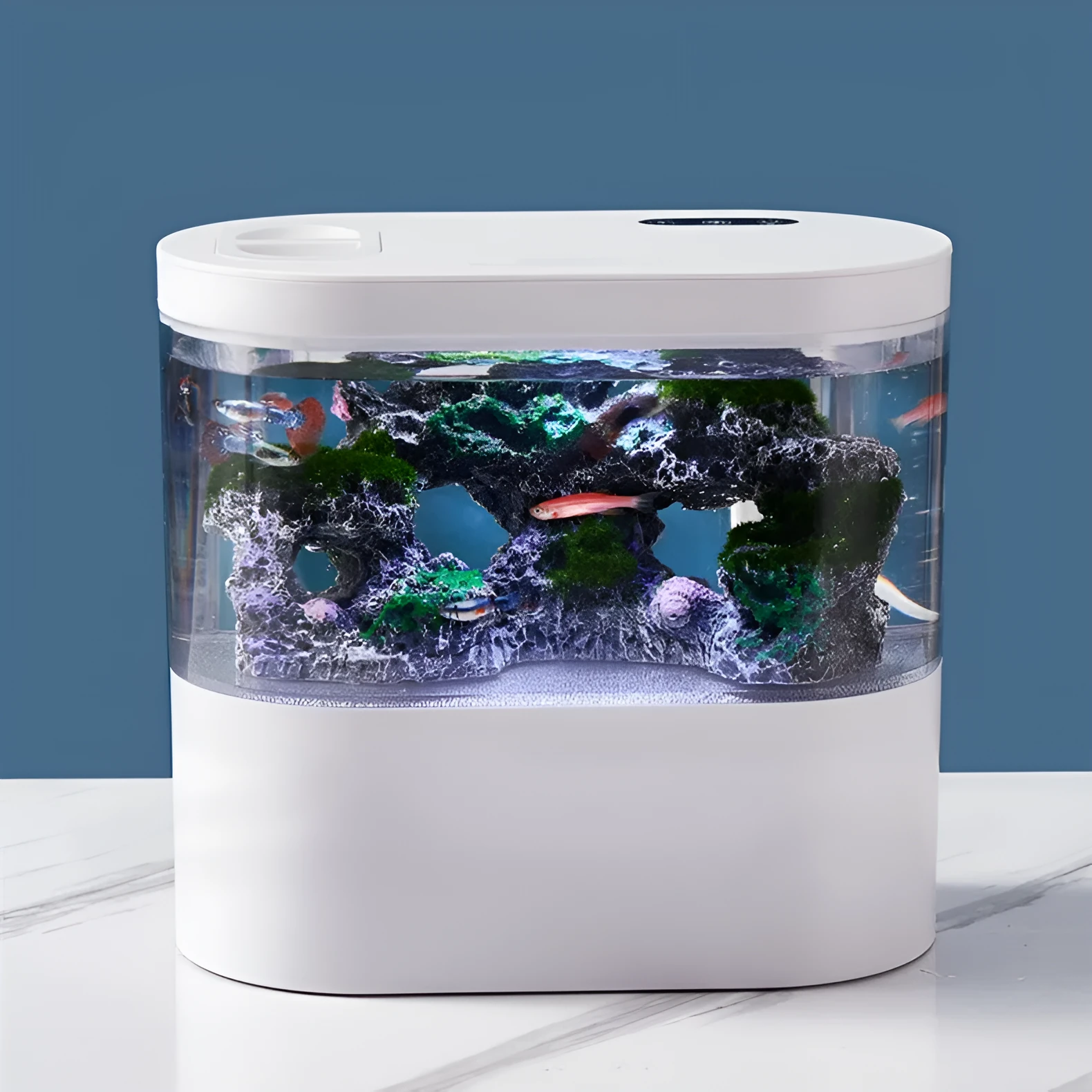 Desktop self-circulation mini aquarium with LED light and USB pump in black plastic