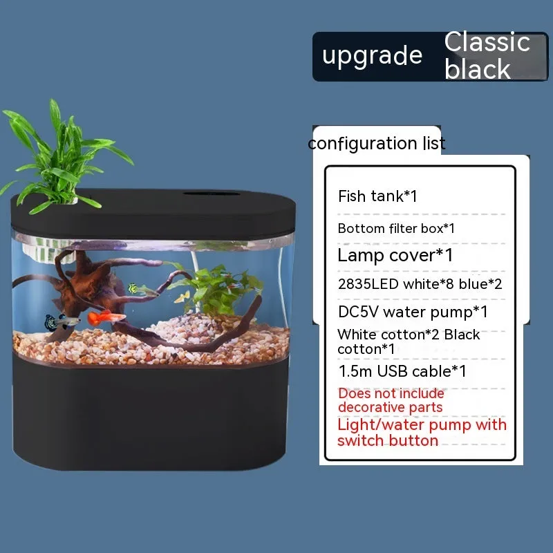 Desktop self-circulation mini aquarium with LED light and USB pump in black plastic
