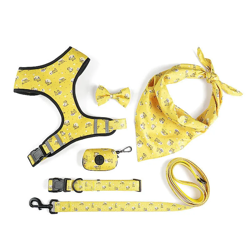 Polyester dog leash harness set with bow tie and scarf in blue, sizes S to XL