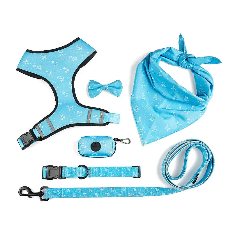 Polyester dog leash harness set with bow tie and scarf in blue, sizes S to XL