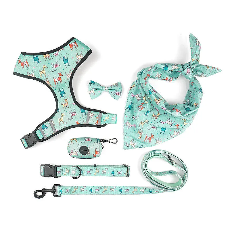Polyester dog leash harness set with bow tie and scarf in blue, sizes S to XL