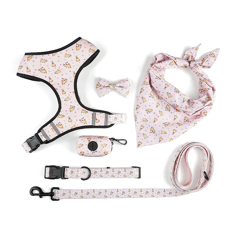 Polyester dog leash harness set with bow tie and scarf in blue, sizes S to XL