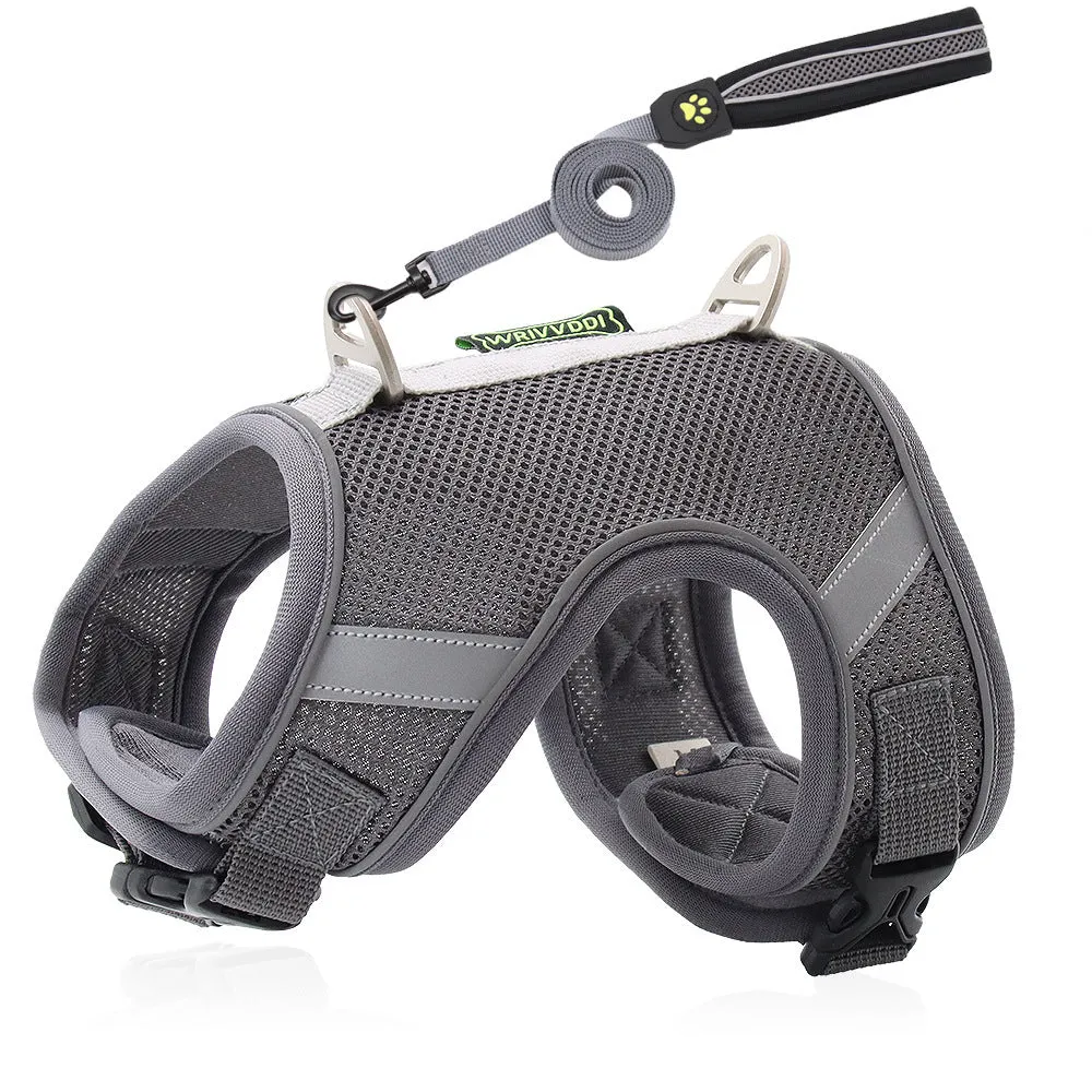 Adjustable reflective dog breast strap harness in solid colour, polyester fibre mesh, with rope handle