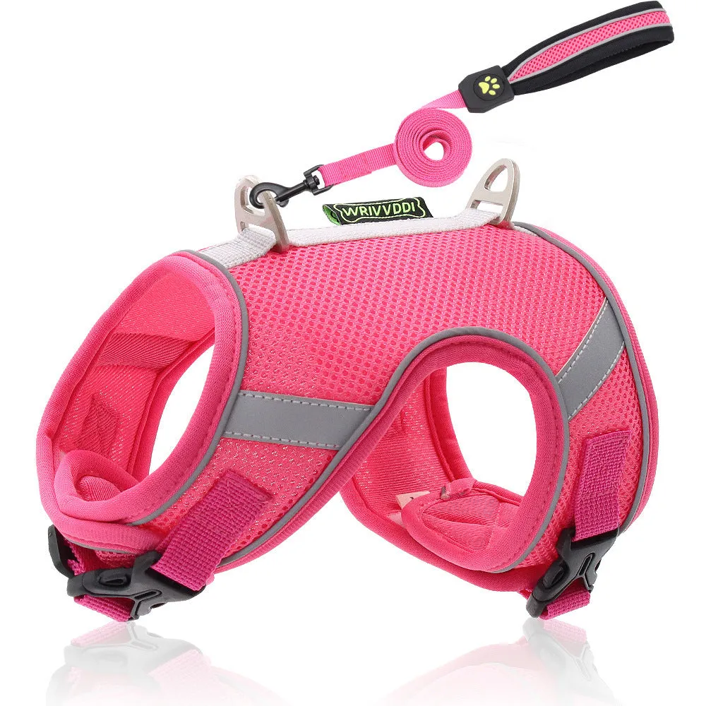 Adjustable reflective dog breast strap harness in solid colour, polyester fibre mesh, with rope handle