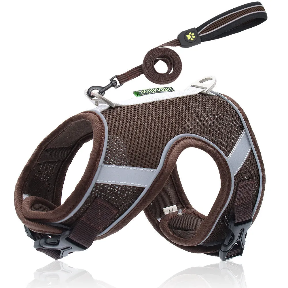 Adjustable reflective dog breast strap harness in solid colour, polyester fibre mesh, with rope handle