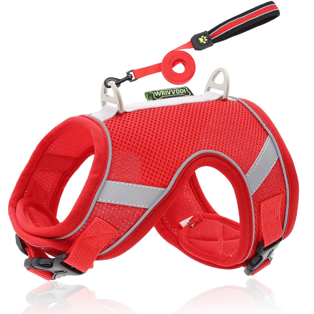 Adjustable reflective dog breast strap harness in solid colour, polyester fibre mesh, with rope handle