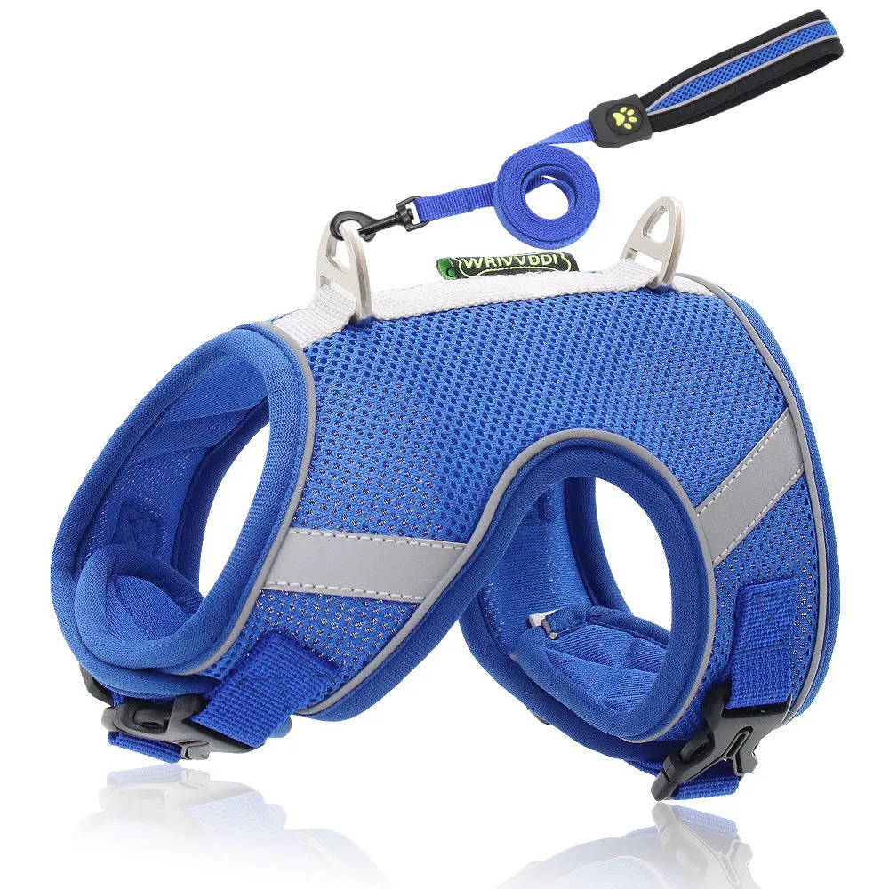 Adjustable reflective dog breast strap harness in solid colour, polyester fibre mesh, with rope handle