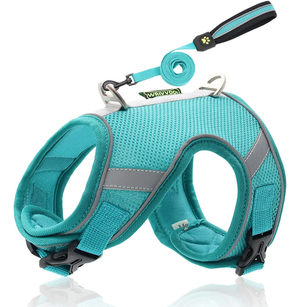 Adjustable reflective dog breast strap harness in solid colour, polyester fibre mesh, with rope handle