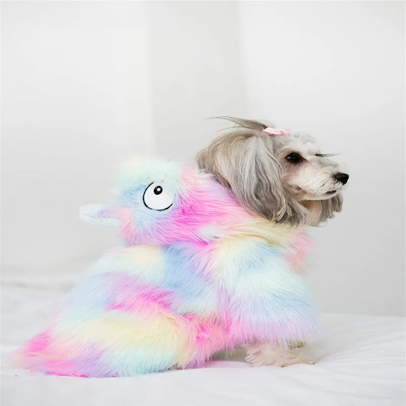 Rainbow little monster pet winter coat in cotton-polyester blend, size XS to XL, colourful pattern on white background