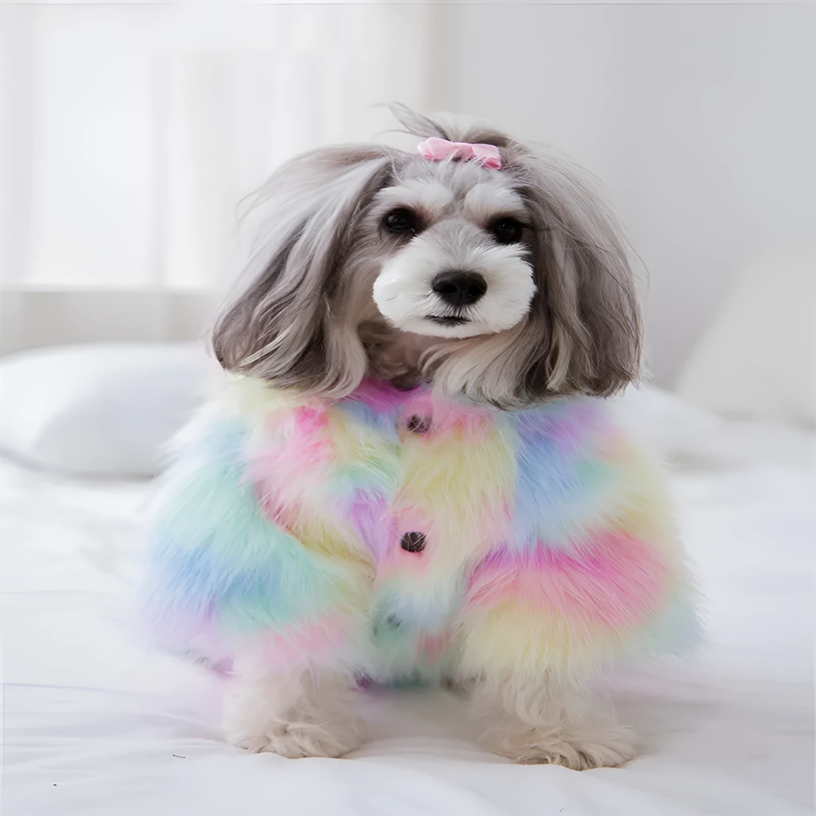 Rainbow little monster pet winter coat in cotton-polyester blend, size XS to XL, colourful pattern on white background