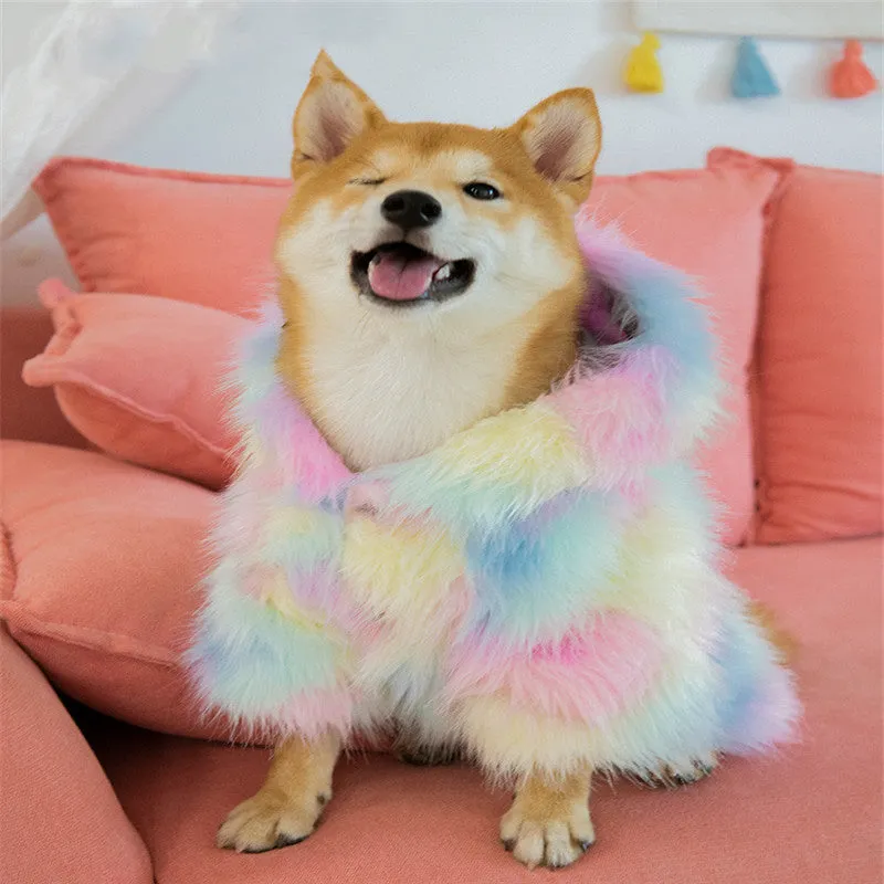 Rainbow little monster pet winter coat in cotton-polyester blend, size XS to XL, colourful pattern on white background