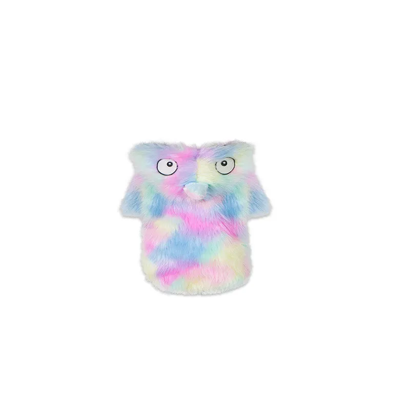 Rainbow little monster pet winter coat in cotton-polyester blend, size XS to XL, colourful pattern on white background