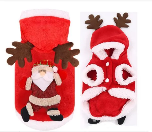Red flannel Santa dog costume for small dogs with coat design, shown on a pet, sizes XS to XL