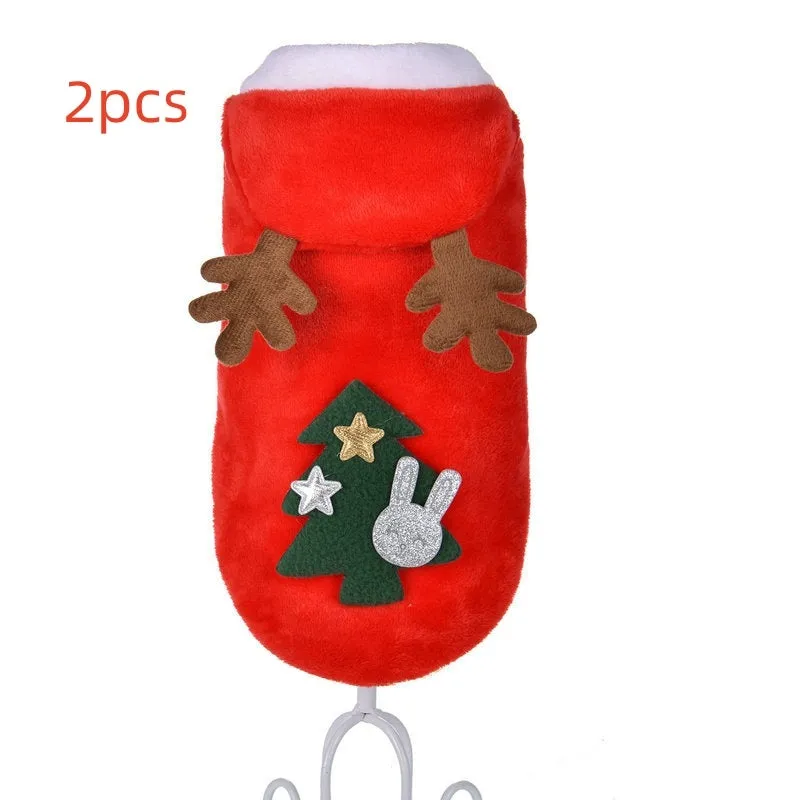 Red flannel Santa dog costume for small dogs with coat design, shown on a pet, sizes XS to XL