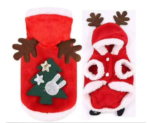 Red flannel Santa dog costume for small dogs with coat design, shown on a pet, sizes XS to XL