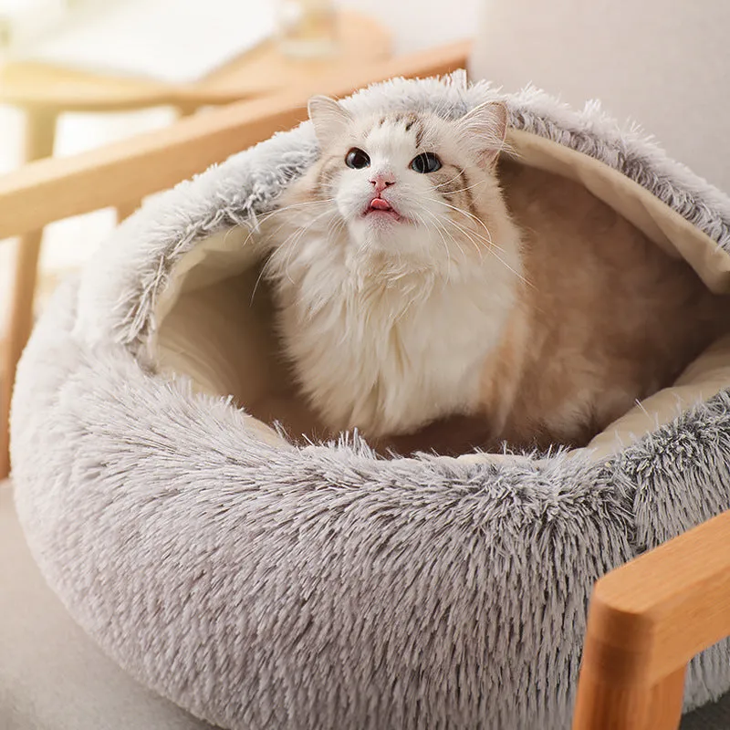 Semi-enclosed cat litter box in crystal velvet fabric, gentleman gray colour, 40cm diameter