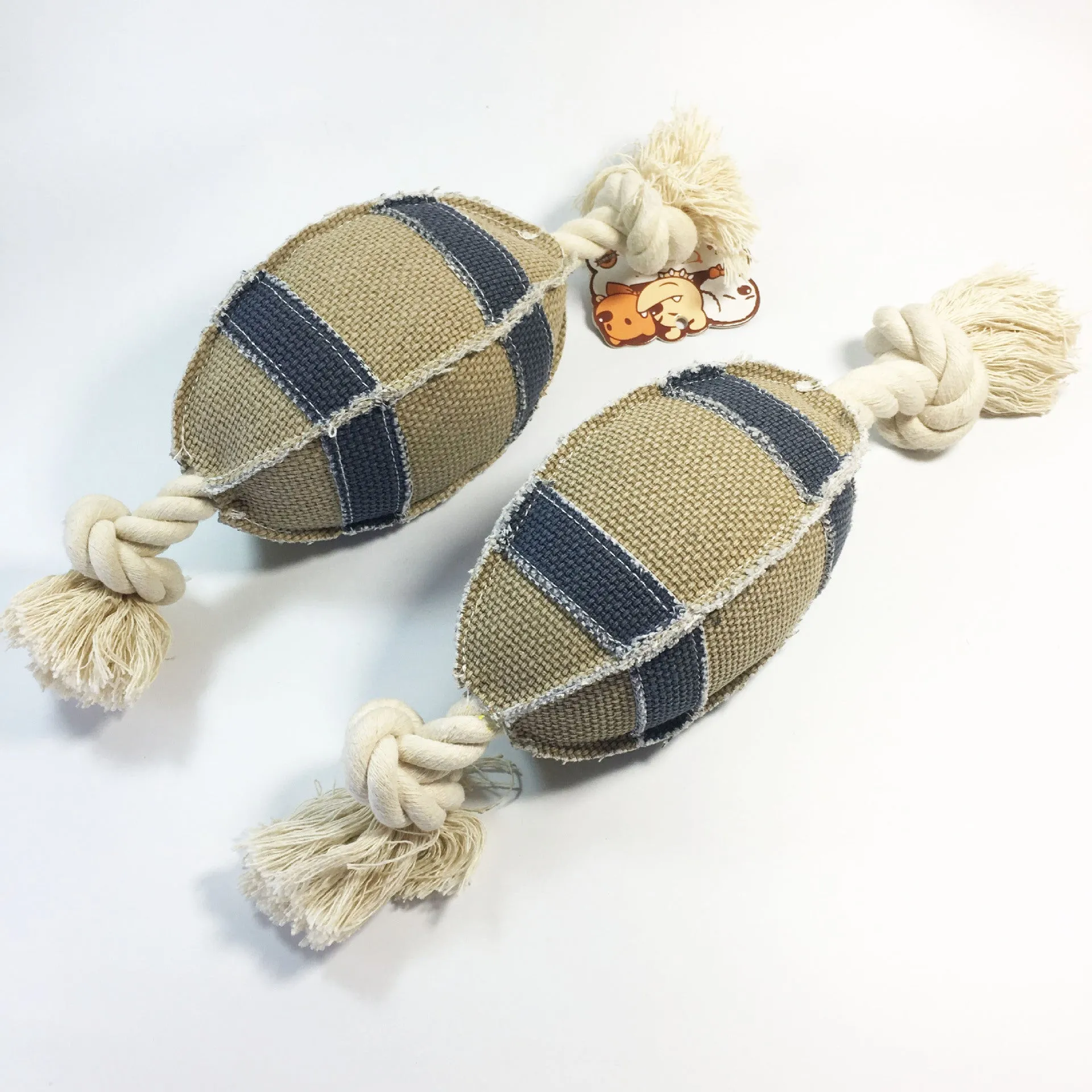 Linen cotton rope dog toy rugby football with bell, 24cm, bite resistant