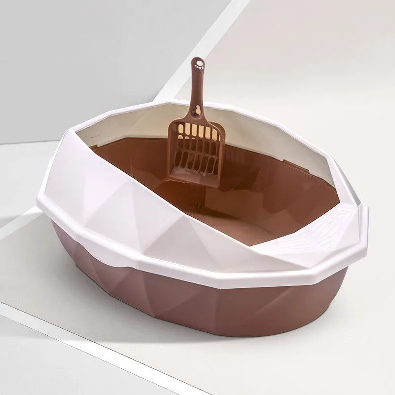 Plastic anti-sputtering diamond-shaped semi-enclosed cat litter box in blue with shovel 38x27x14cm